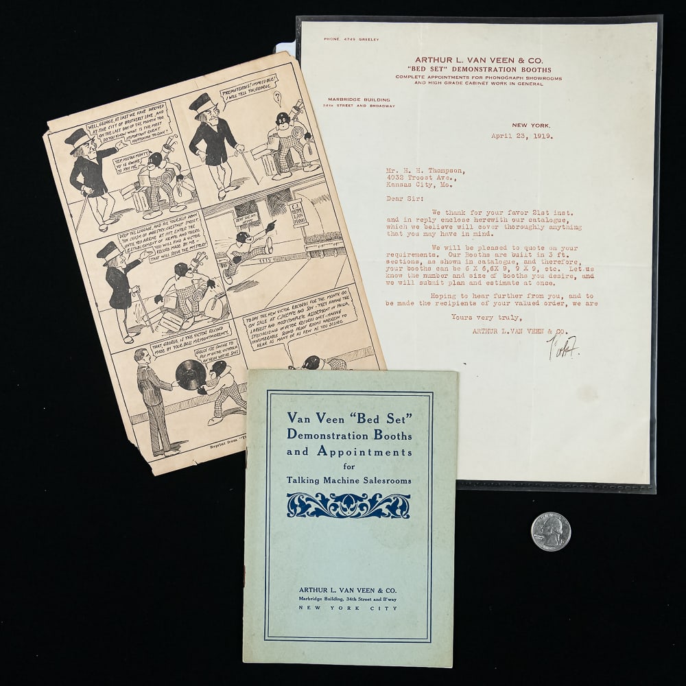 1919 Van Veen Phonograph Booth Archive: This fascinating early 20th-century retail ephemera archive centers on the innovative Arthur L. Van Veen & Co. "Bed-Set" Demonstration Booths, manufactured in New York City. Grounded by an original