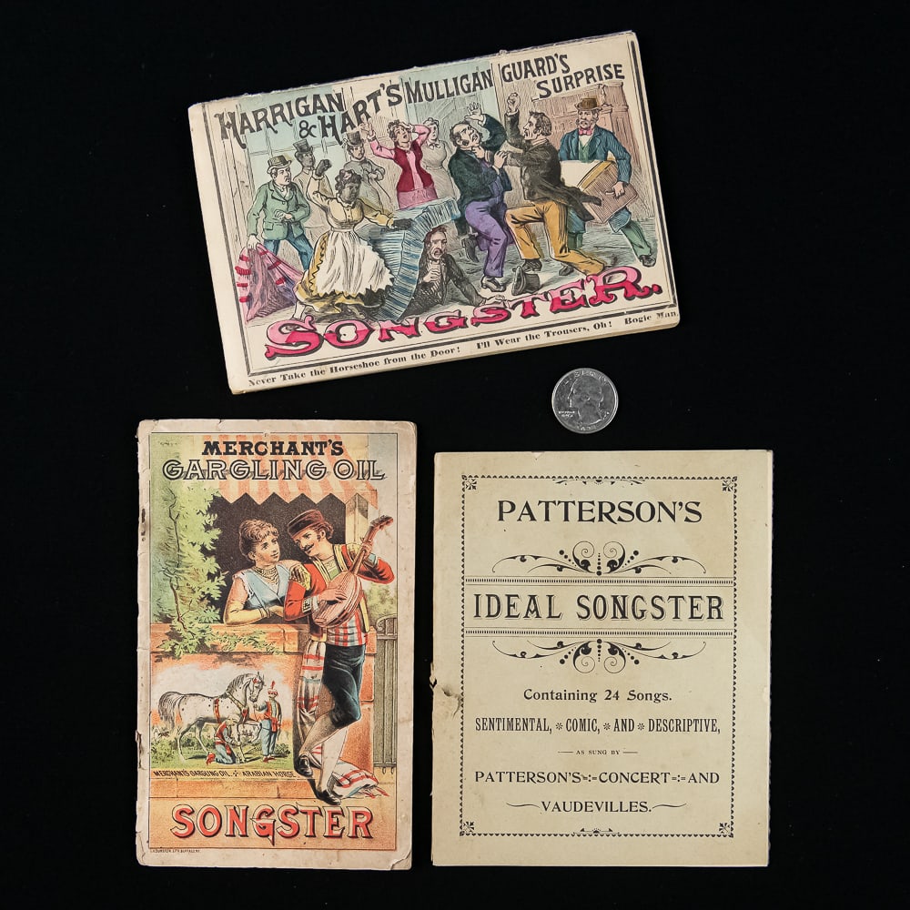 19th C. Songster Booklets Trio: This is an exceptional, complete trio of late 19th-century American softcover "songster" booklets, offering a marvelous look into period vaudeville, minstrelsy, and patent medicine advertising. The