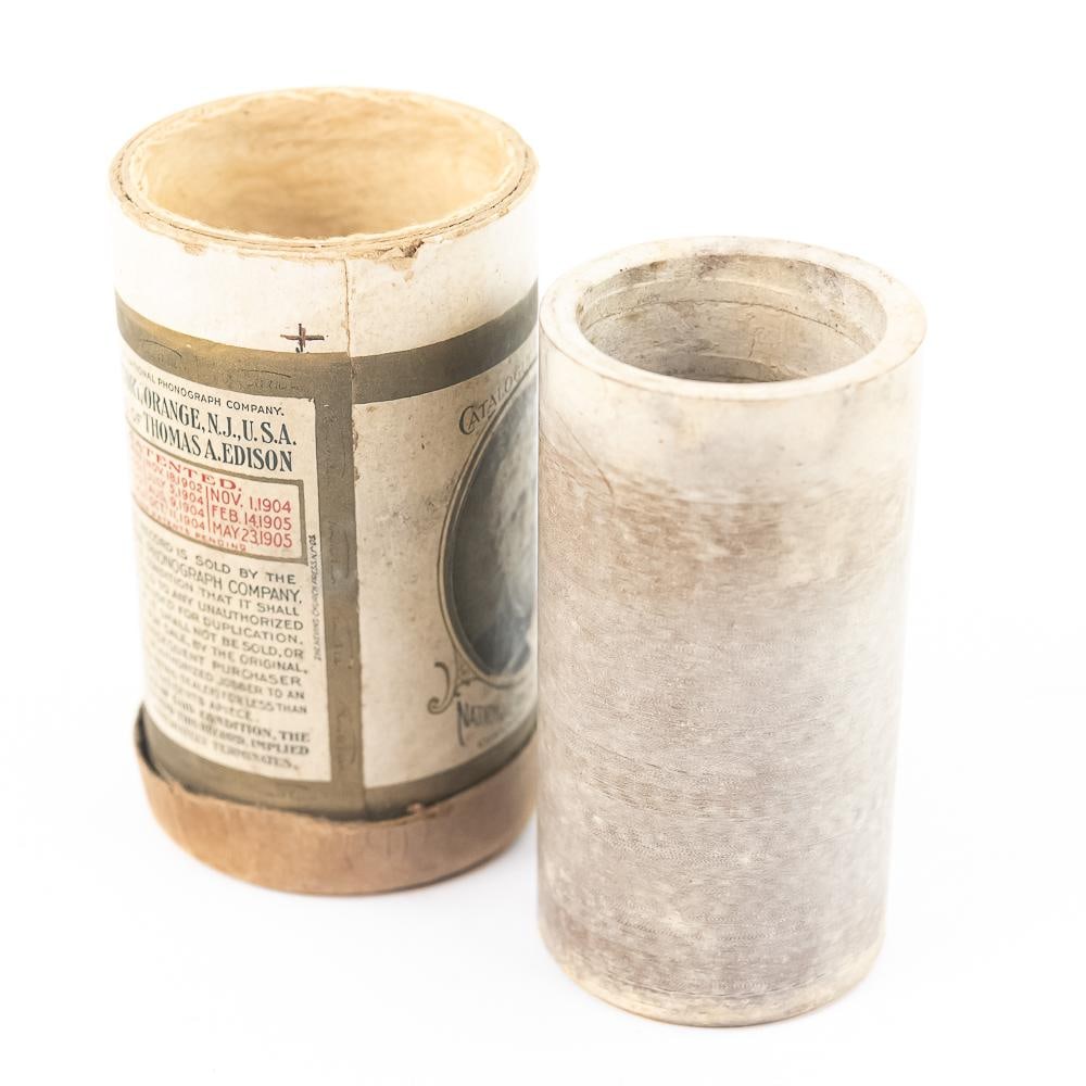 Brown Wax Cylinder Record - Columbia Quartette: Brown wax cylinder record with a contemporary handwritten note referencing a "Columbia Quartette" performance. The cylinder record itself is in good, stable condition with no visible cracks or structu