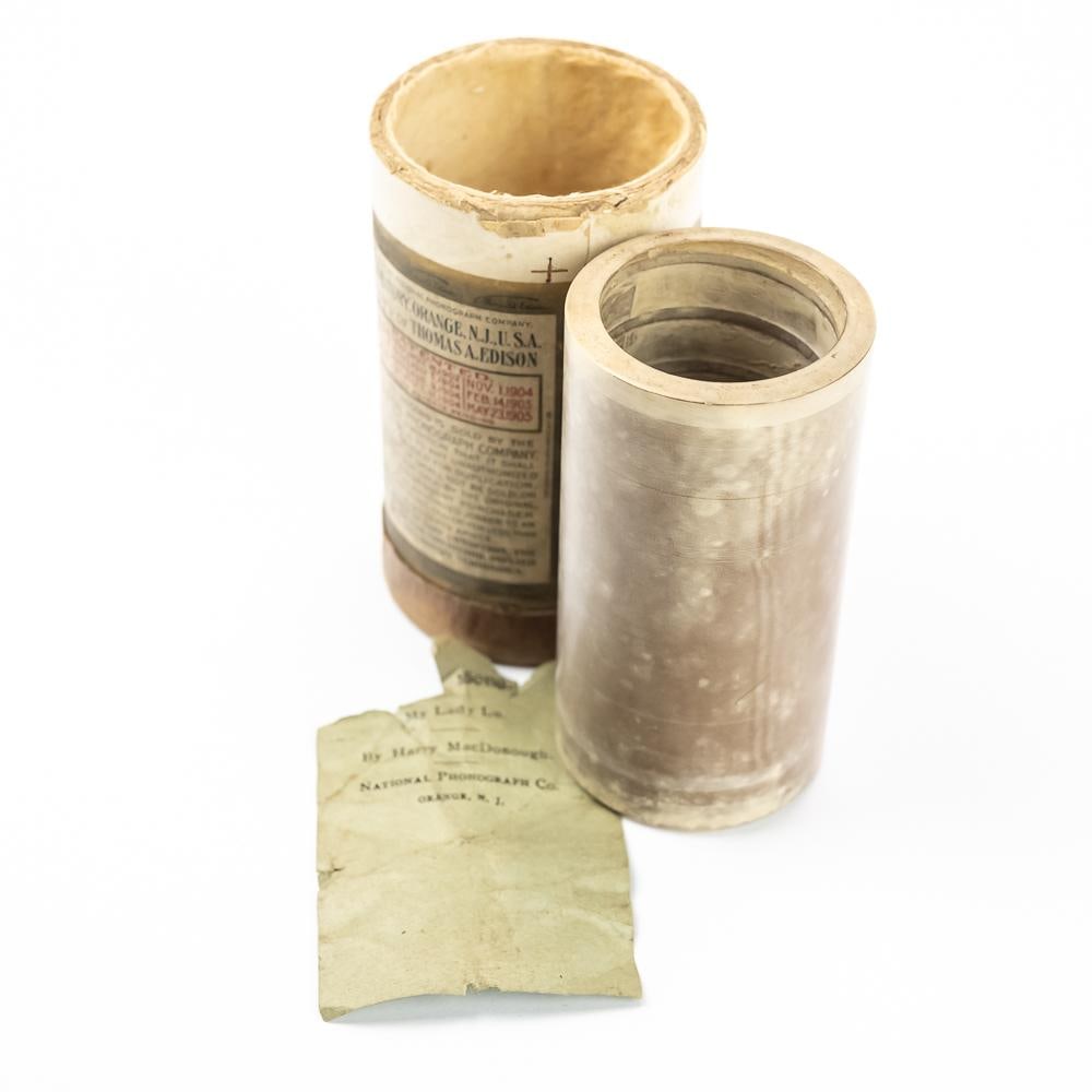 National Phono Co Brown Wax Cylinder My Lady Lu: National Phonograph Co. brown wax cylinder “My Lady Lu” sung by Harry MacDonough, circa 1899. Structurally sound with no cracks or detrimental scratches. Mold, white discoloration on