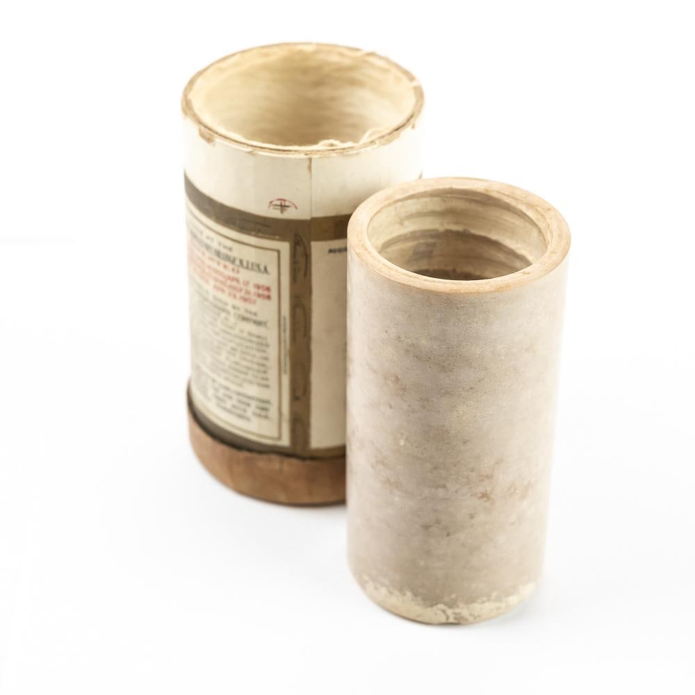 Brown Wax Cylinder Violin Solo-Benj Roberts: Brown wax cylinder. Light surface mold, minor scuffs, no structural issues. With note insert that reads “Violin Solo. Selections from Semiramide by Benj Roberts”. Old slip of paper with