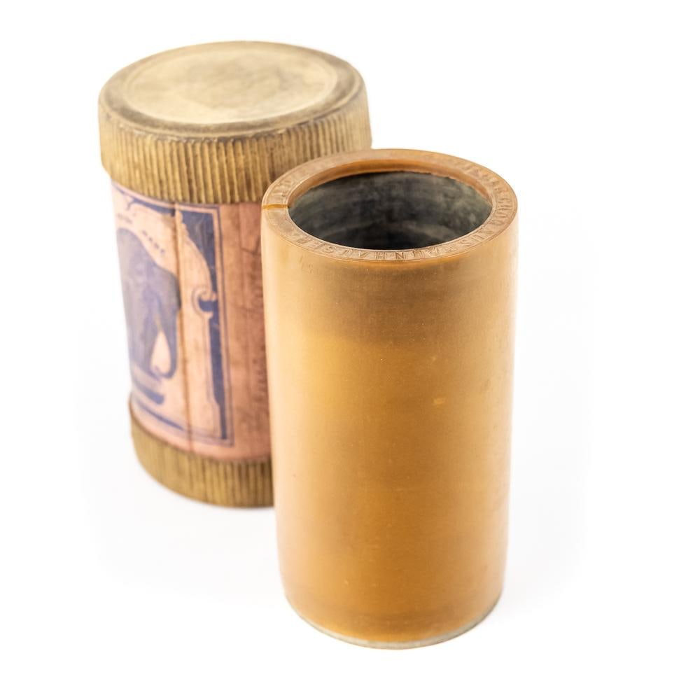 German Lambert Cylinder Record: This rare early 1900s German-market Lambert celluloid phonograph cylinder features a striking amber/orange color and comes with its original cardboard storage tube. The case boasts a vibrant label