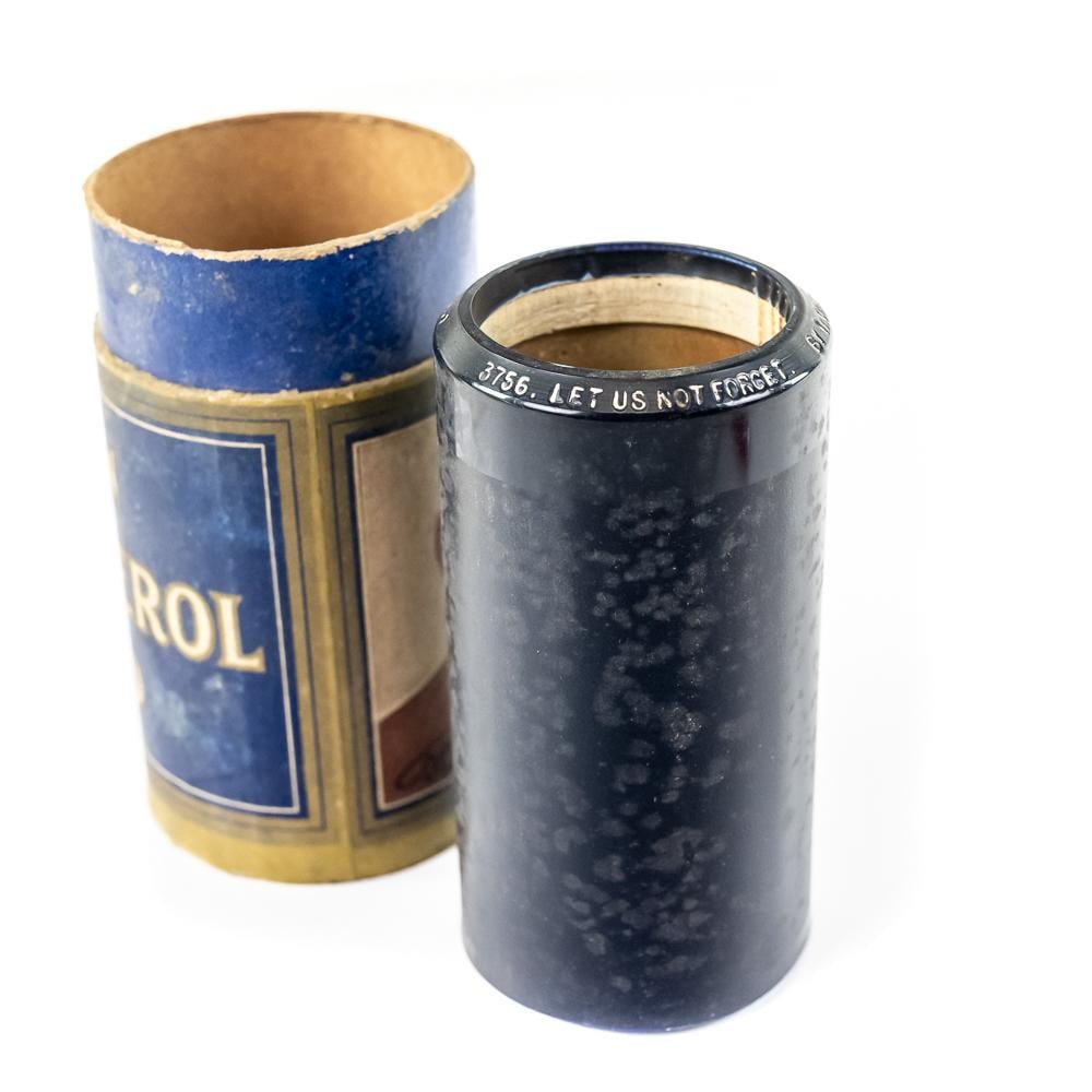Blue Amberol Let Us Not Forget Cylinder Record: This exceptional Edison Blue Amberol phonograph cylinder, serial number 3756, features Thomas Alva Edison's historical 1919 speech titled "Let Us Not Forget: A Message to the American People."