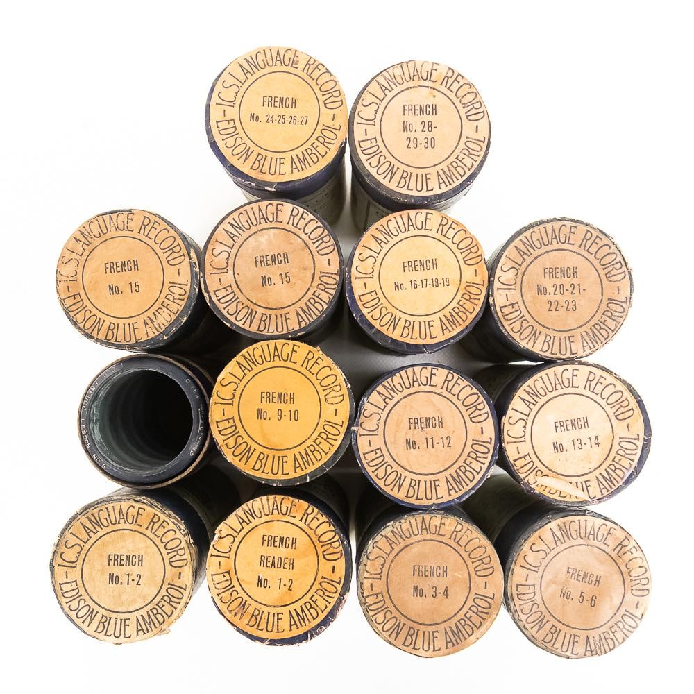 Edison French Language Cylinder Lot (14): This exceptional group of fourteen early 20th-century Edison Blue Amberol celluloid cylinder records represents a fascinating chapter in early audio education, produced by Thomas A. Edison, Inc. for t