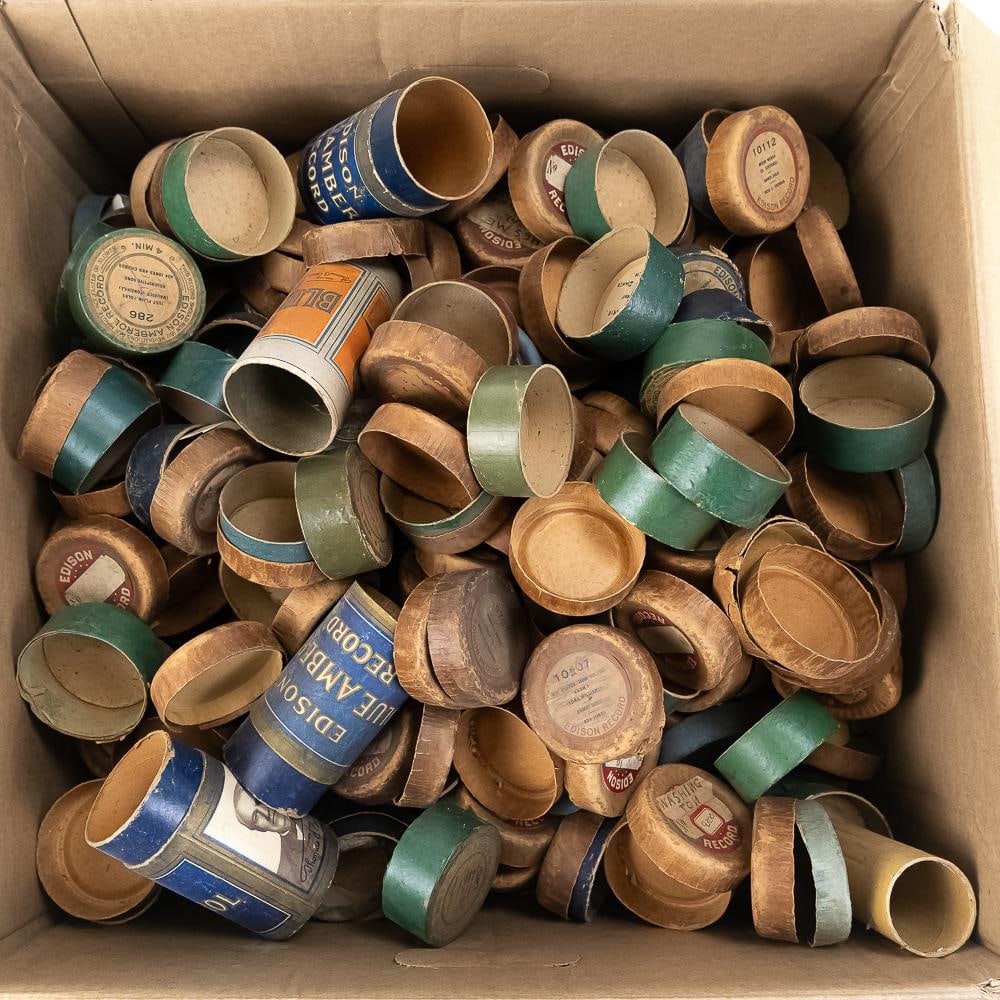 Massive Lot of Empty Edison Cylinder Box Parts: This extensive collection features a large, nearly full box of early 20th-century cardboard storage box pieces, primarily representing Thomas A. Edison Amberol, Blue Amberol, and standard wax cylinder