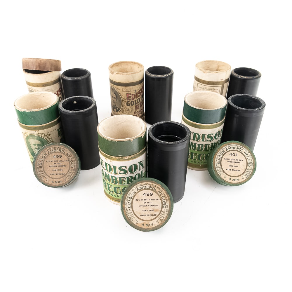 Edison Marie Dressler Cylinders Group (6): This exceptional collection features an assembled group of six early 20th-century phonograph cylinder records manufactured by Thomas A. Edison, Inc. in Orange, New Jersey, showcasing the legendary sta