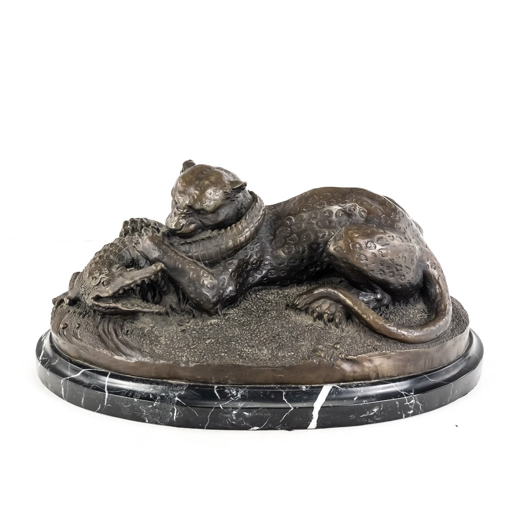 Tiger and Gavial Bronze Sculpture: Tiger and Gavial Bronze Sculpture by French animalier sculptor Antoine-Louis Barye, features a visceral fight for survival between a tiger and a gavial (long-snouted crocodile), original was cast in