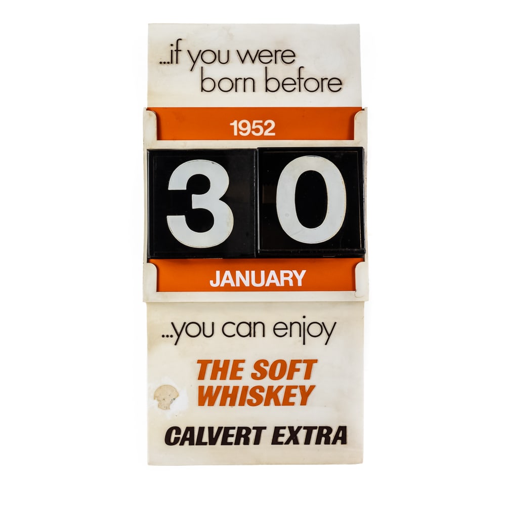 Vintage Calvert Extra Advertising Flip Calendar: Vintage Calvert Extra Advertising Flip Calendar, perpetual flip calendar with two large number dials, the months and the "born before" legal drinking age years are changed with paper inserts. all