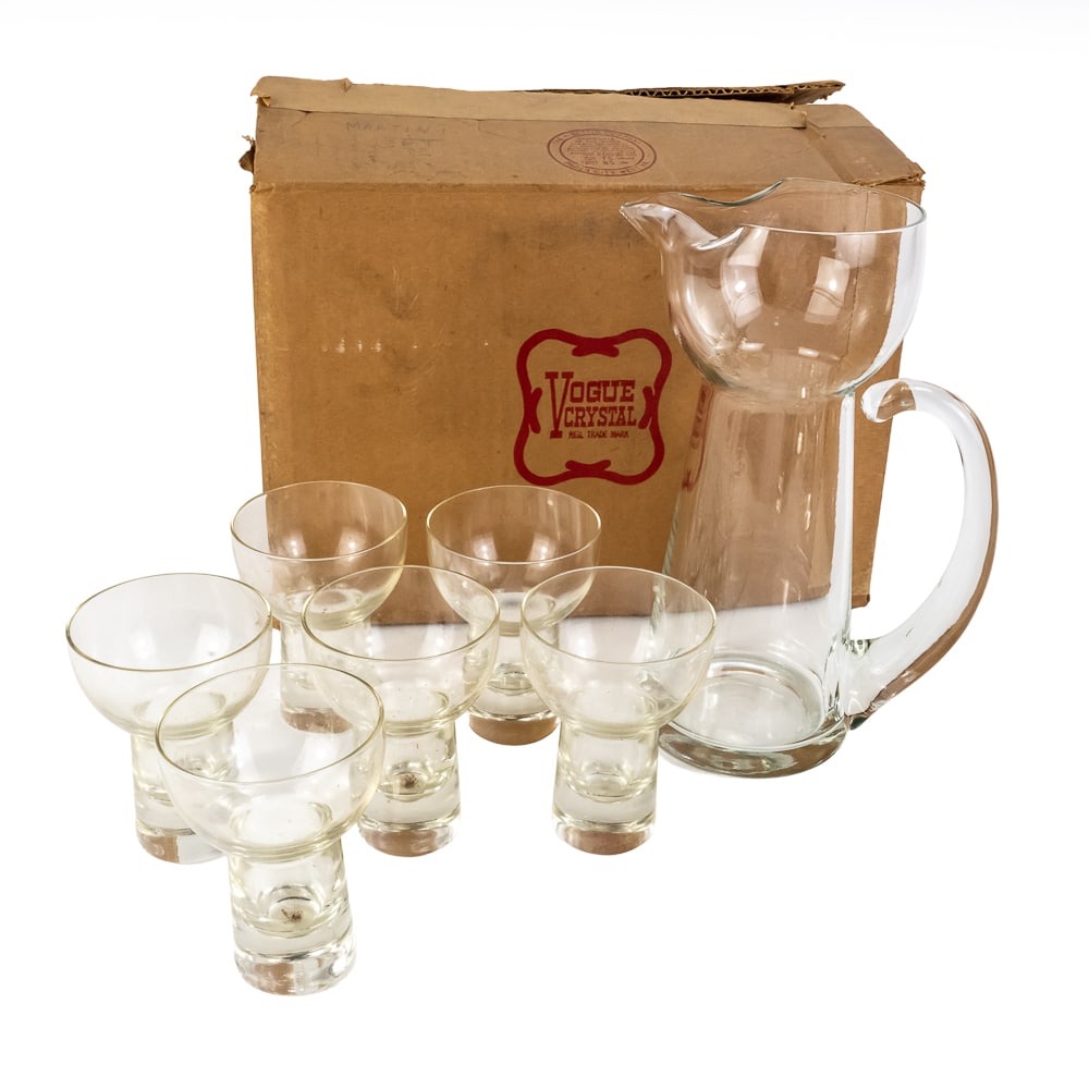 Vintage Mid Century Modern Cocktail Set: Vintage Mid Century Modern Cocktail Set, features a pinched lip pitcher with a clear glass handle, and six short, footed glassed with a heavy, solid base, new, unused condition in original box, see