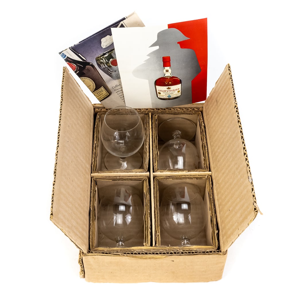 Set of Four Courvoisier Cognac Brandy Snifters: Set of Four Courvoisier Cognac Brandy Snifters, traditional "The Brandy of Napoleon" insignia, printed with stylized text, stems from an endorsement by Napoleon III in 1869, which officially