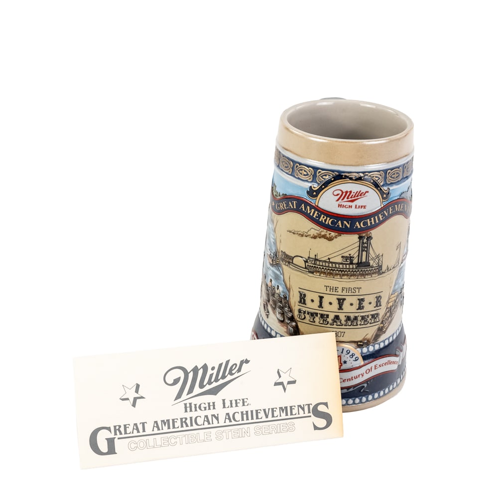 1989 Miller High Life Beer Stein: 1989 Miller High Life Beer Stein, #07586, "Great American Achievements", titled "The First River Steamer", 4th in the series, detailed illustration of a 19th Century steamboat and commemorates 1807,