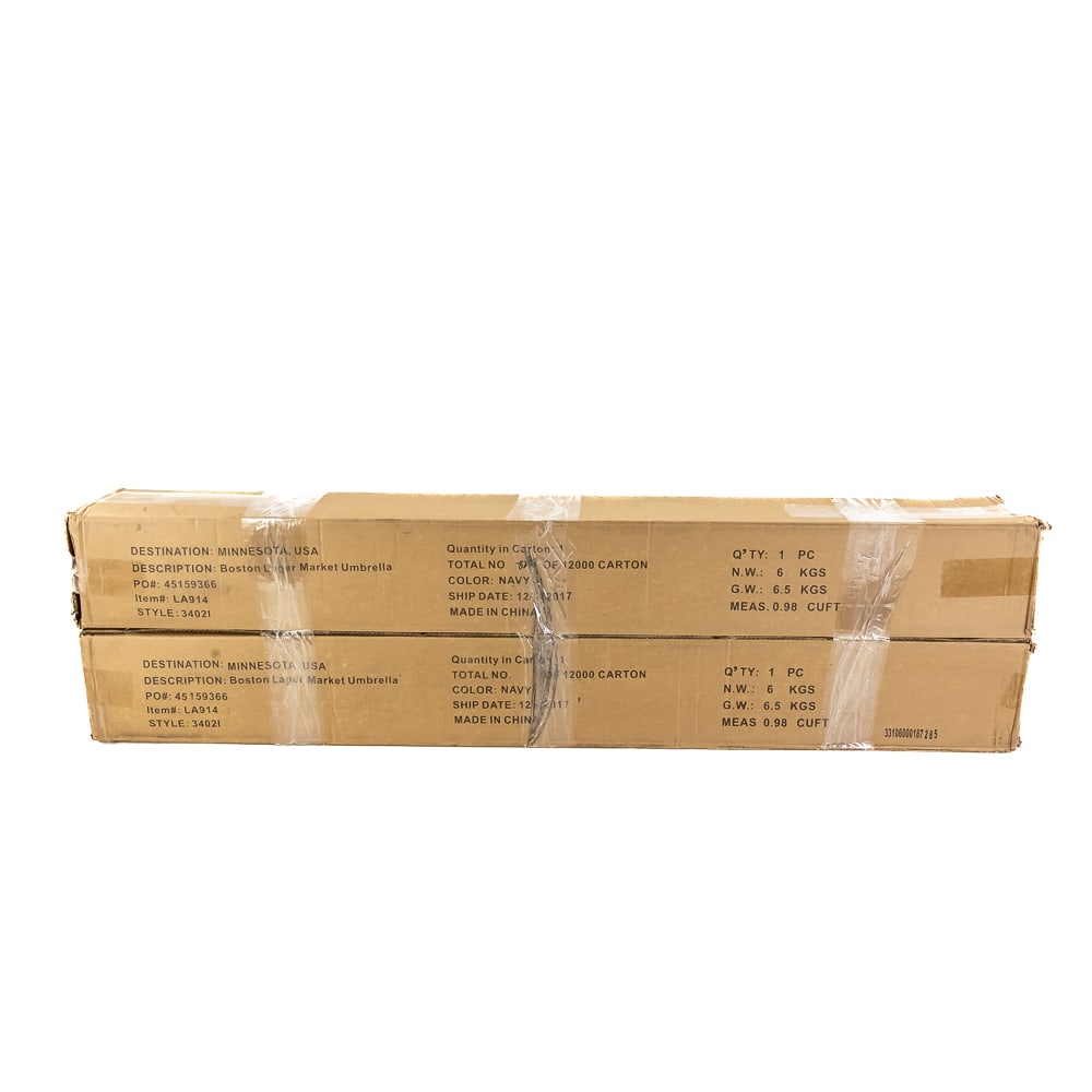 (2) Factory-Sealed Boston Harbor Market Umbrellas: (2) Factory-Sealed Boston Harbor Market Umbrellas, navy blue patio umbrellas, each carton contains one unit (13.2lbs), Item #LA914, Style #340231, shipped in 2017, NOS, see photos.