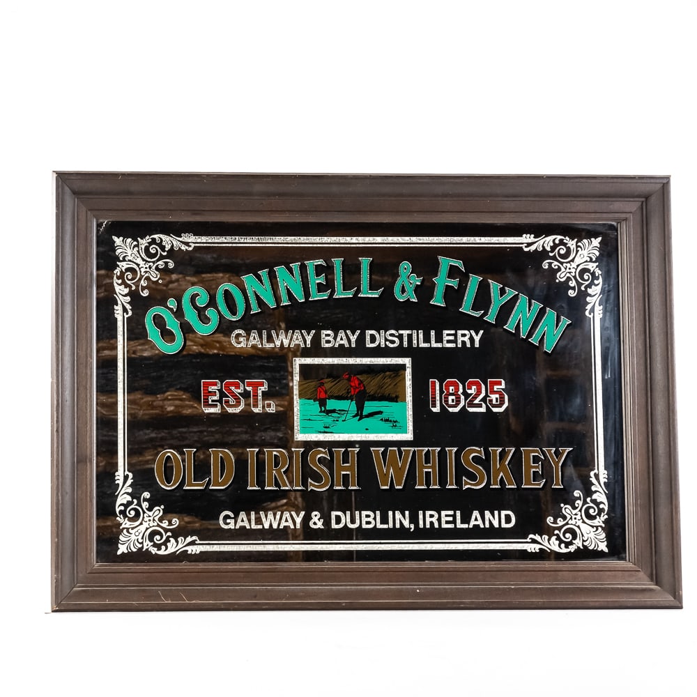 Vintage O'Connell & Flynn Old Irish Whiskey Mirror: Vintage O'Connell & Flynn Old Irish Whiskey Mirror, despite the text on the mirror claiming "Est. 1825" in Galway & Dublin, Ireland, this distillery actually never existed, historical background were 