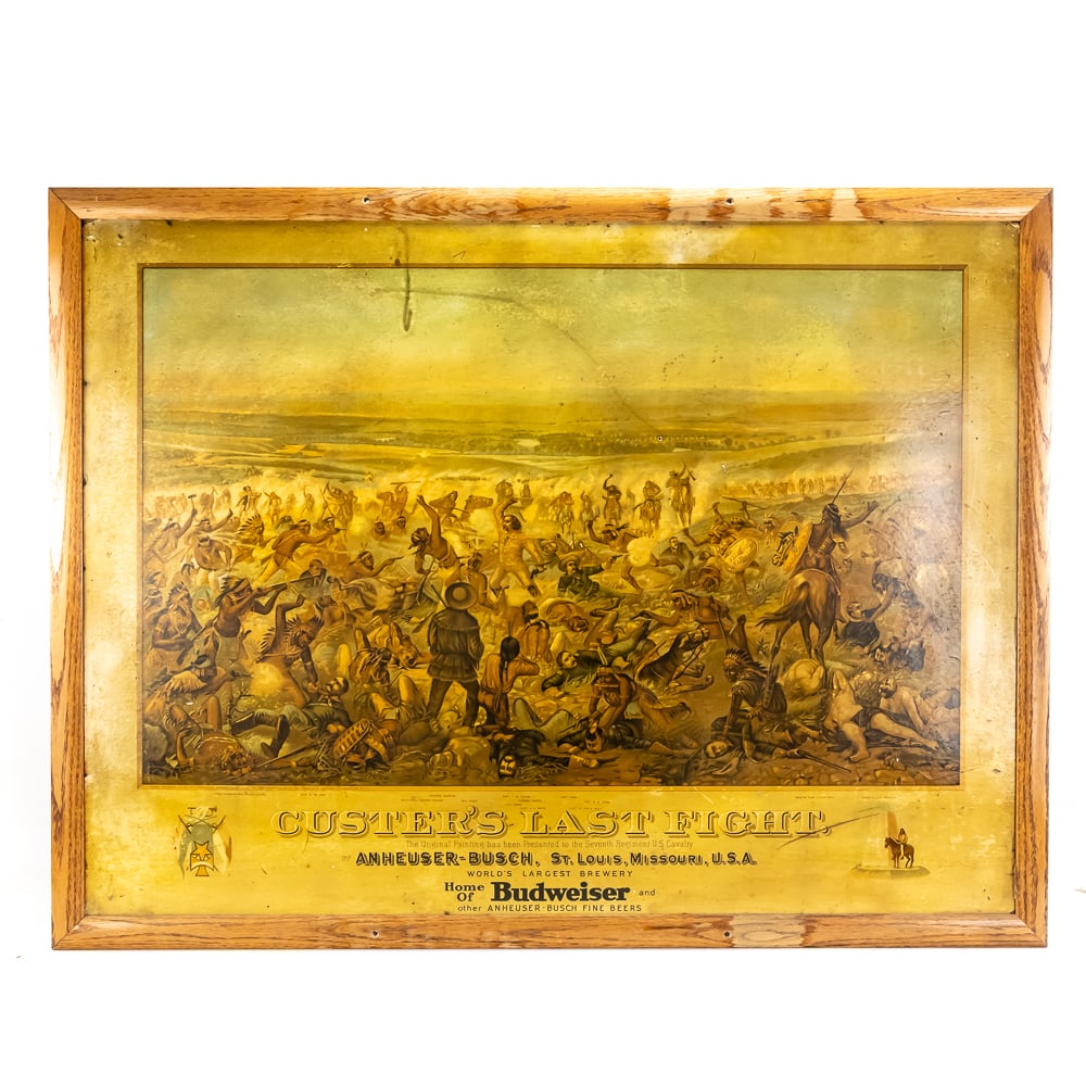 Anheuser-Busch "Custer's Last Fight" Ad Sign: Anheuser-Busch "Custer's Last Fight" Ad Sign, one of the most famous pieces of American breweriana advertising, the original painting was created by Cassilly Adams in 1884 which was lost in a fire, F.