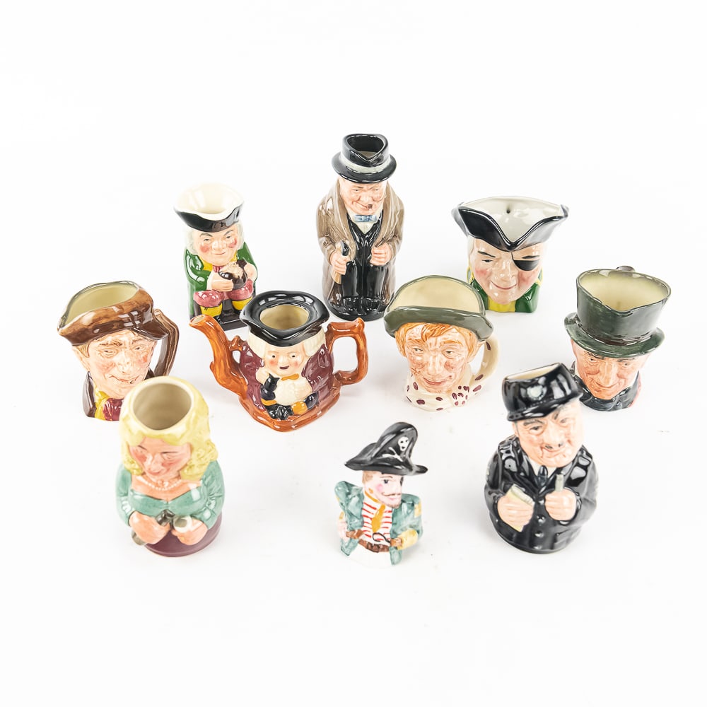 (10) Vintage Character Jugs Royal Doulton, Artone+: Vintage Character "jugs" from Royal Doulton, Artone, Jarge, David Bowkett, & Sylvac Staffordshire. Very good to good overall condition; some show some crazing along with chips and paint loss. tallest