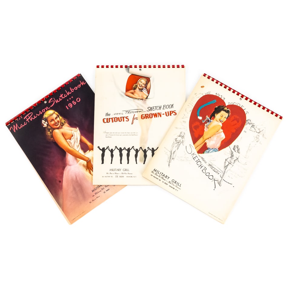 Vintage MacPherson Pin-Up Calendars 1950,1951,1953: This trio of "MacPherson Sketchbook" calendars—for 1950, 1951, and 1953—serves as a collection of post-war promotional advertising produced for the Military Grill in Kenmore, New York.