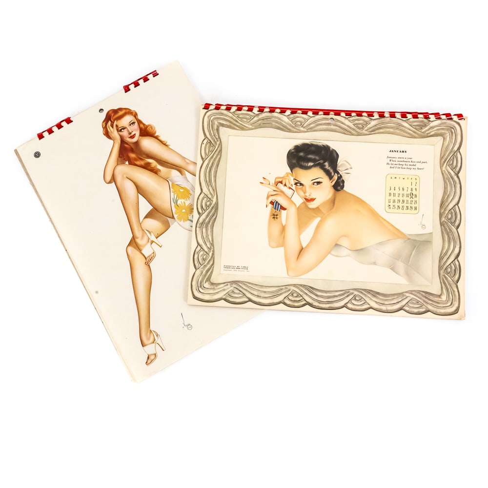 Vintage Esquire Varga Pin-Up Calendars 1943, 1945: These two vintage Esquire Varga calendars serve as poignant bookends to the American war effort during the 1940s. The 1943 edition, released as the country was fully mobilizing, and the 1945 edition,
