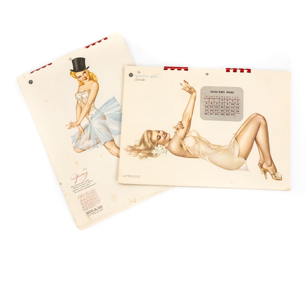 Vintage Esquire Girl Pin-Up Calendar 1946, 1947: These iconic "Esquire Girl" pin-up calendars from 1946 and 1947 represent the golden era of American mid-century illustration, famously showcasing the alluring artwork of the legendary Alberto