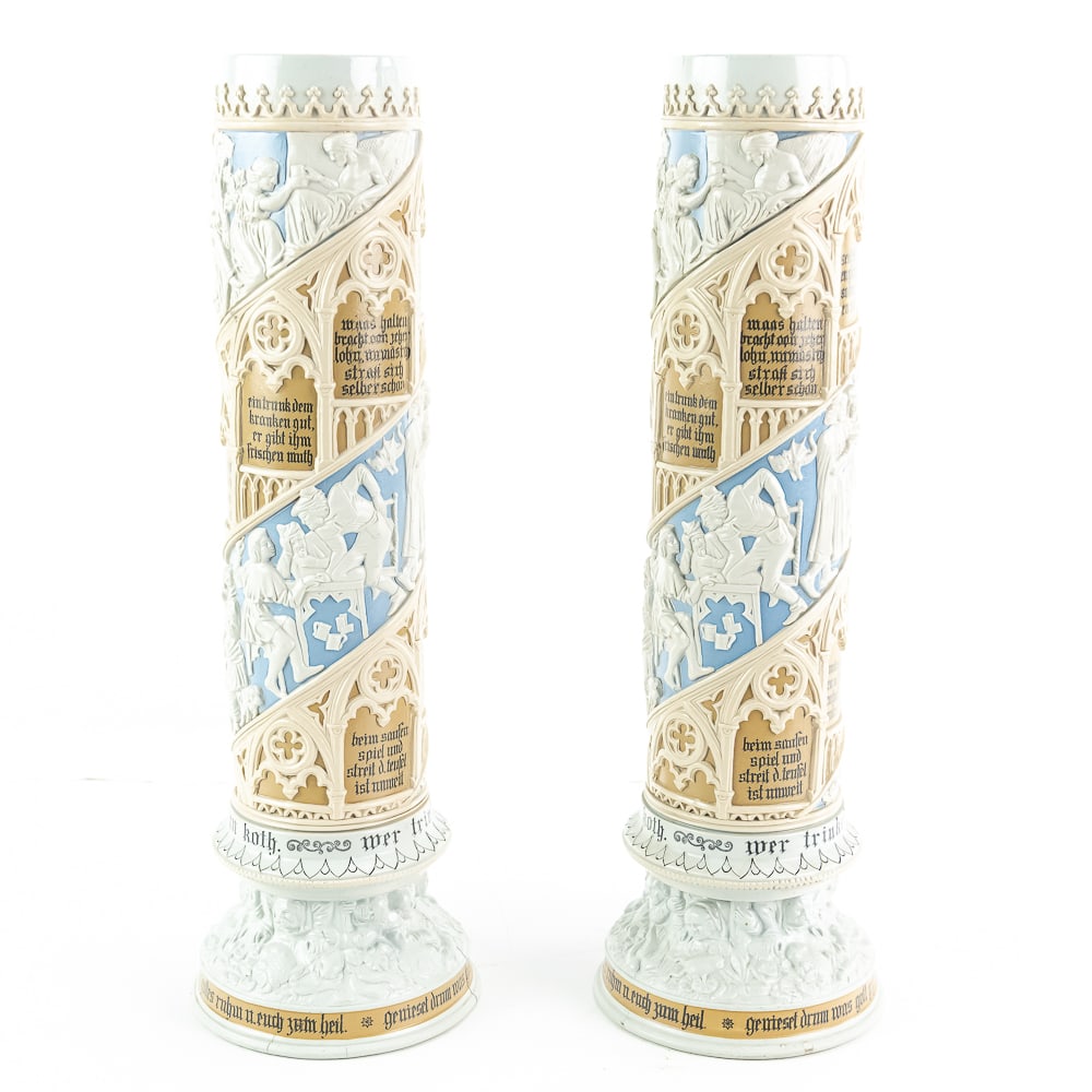Pair Mettlach Pokals: 2 Villeroy and Bach Mettlach No. 168 Pokals dated to 1894. Pokals were used primarily for formal toasts where the goblet held much more than an individual serving and was passed from guest to guest.