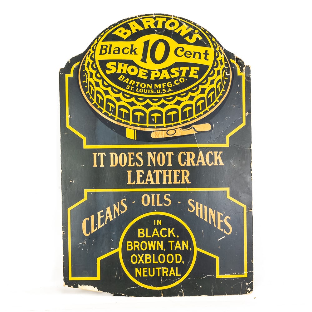 Barton's Shoe Paste Advertising Sign: Barton's Shoe Paste Advertising Sign, manufactured by the Barton MFG Co, St. Louis, MO, 1930s/40s, 10-cent shoe paste ad highlights that it cleans, oils and shines, gained significant fame as their pr