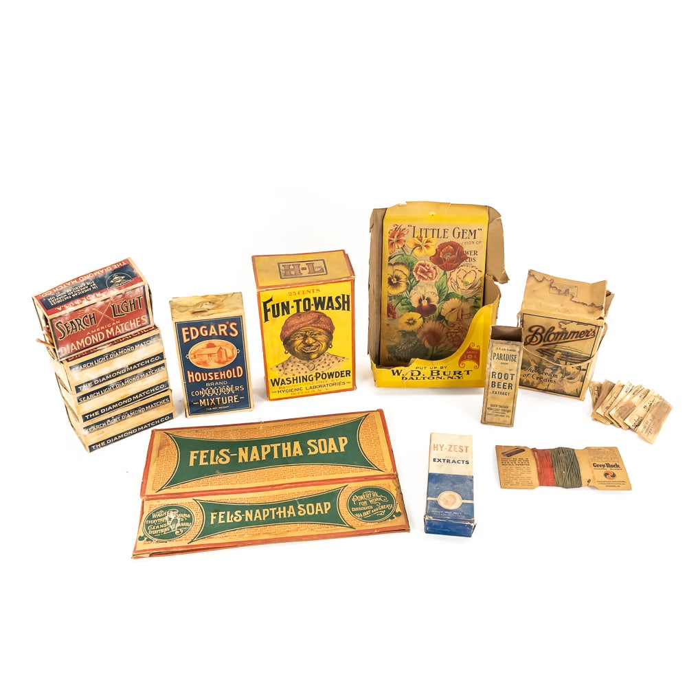 (14) Vintage Household Products Packages: (14) Vintage Household Products Packages includes Grey-Rock Brake Test Card with cord, Fels-Naptha Soap box, Fun-to-Wash Washing Powder box featuring "Mammy", Little Gem Flower Seeds package and displ