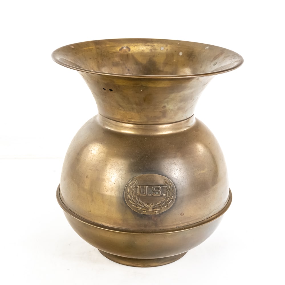 Vintage U.S. Military Brass Spittoon: Vintage U.S. Military Brass Spittoon, iconic 1839 Pattern "U.S." oval medallion on front, authentic aging and weighted base, good condition, 9 1/2" tall Own a piece of history from Donley's Wild West