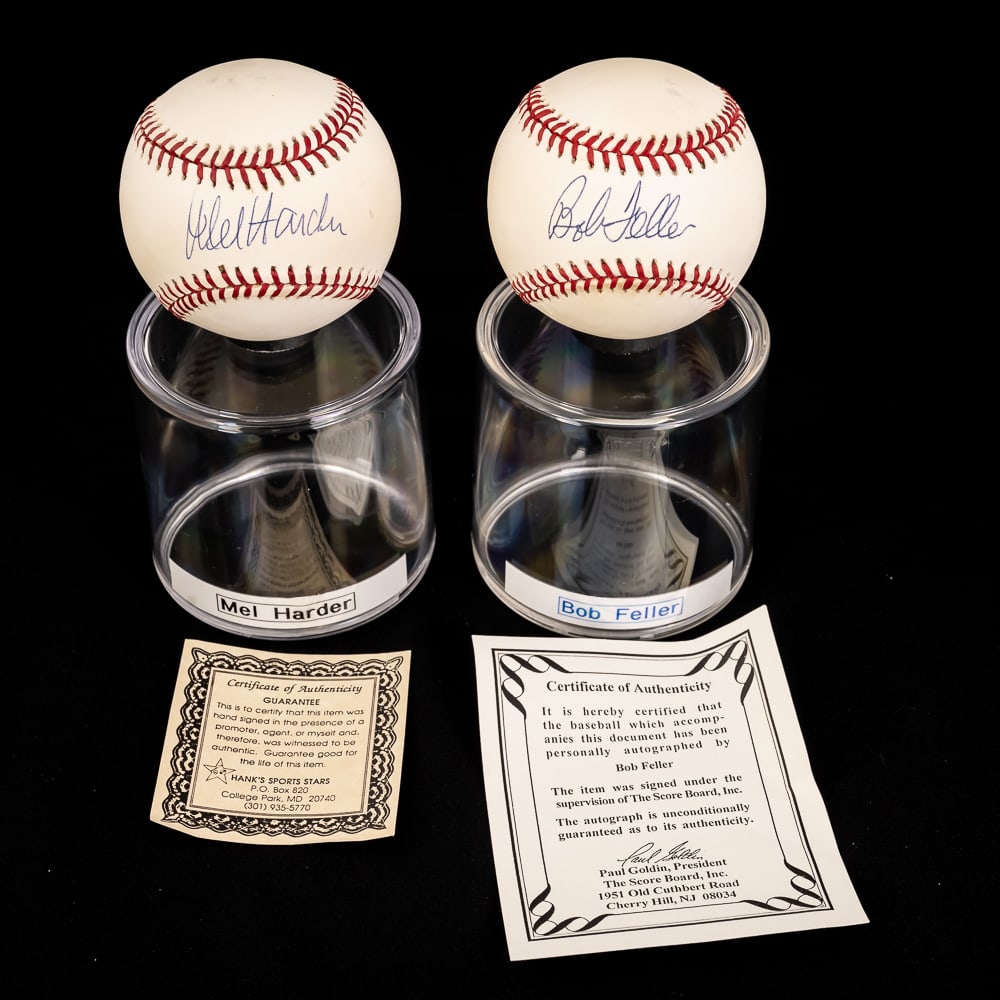 Bob Feller & Mel Harder Autographed AL Baseballs: Cleveland Indians fan favorites Bob Feller & Mel Harder autographed Rawlings Official American League MLB Baseballs both w COAs. Bold Blue ink Sweet Spot signatures !!! Showcased inside handsome acryl
