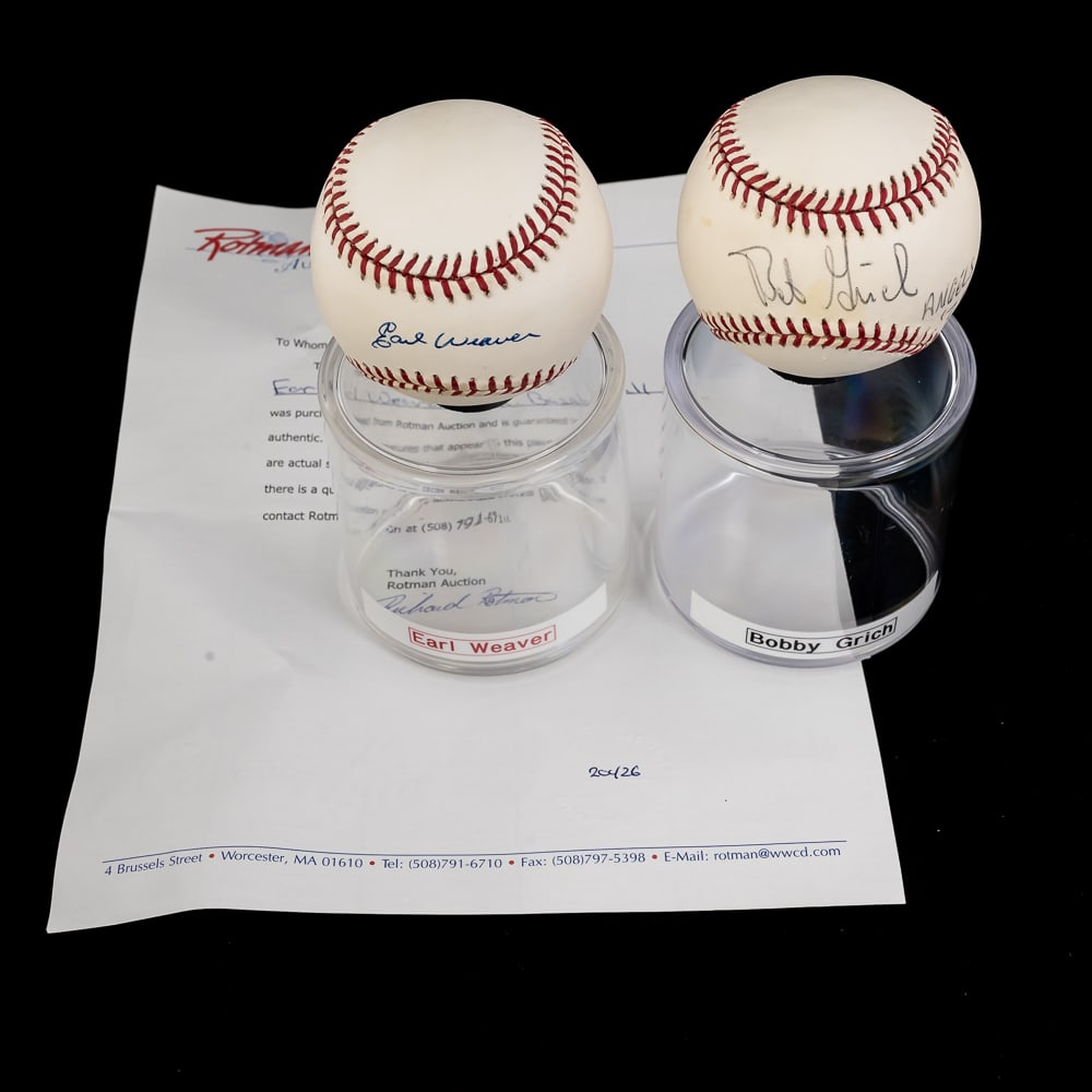 Earl Weaver & Bobby Grich Autographed AL Baseballs: Baltimore Orioles fan favorite Earl Weaver with 77-86 Angels inscription & Bobby Grich autographed Rawlings Official American League MLB Baseballs. Attractive Bold Blue ink signatures !!! Showcased in