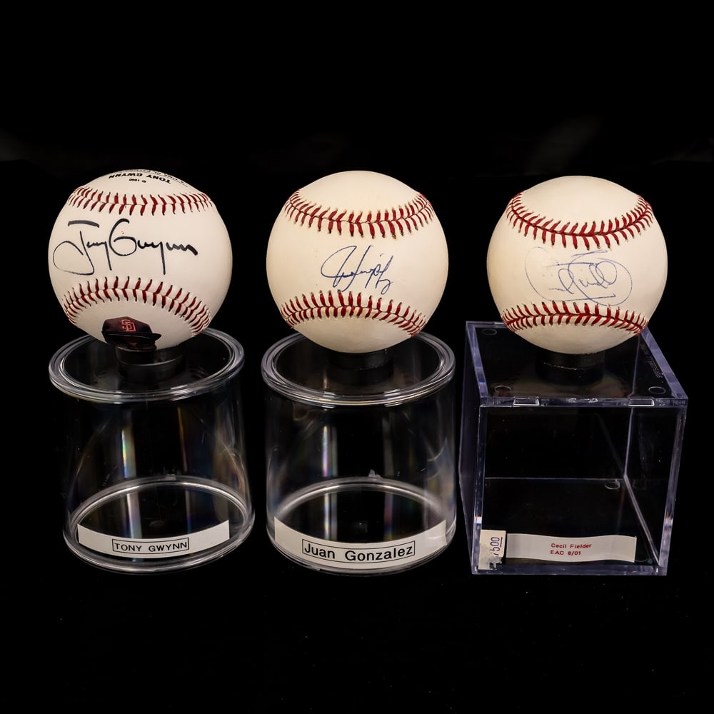 Tony Gwynn J Gonzalez C Fielder Signed Baseballs: Tony Gwynn & Juan Gonzalez & Cecil Fielder autographed Rawlings Official MLB Baseballs. Some of the most prolific hitters in 1990s baseball. Bold ink signatures smack dab in the sweet spots !!!