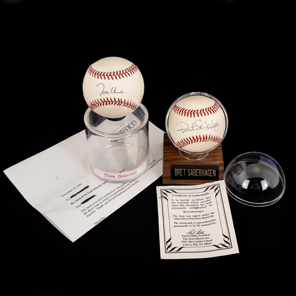 Tom Glavin & Bret Saberhagen Signed MLB Baseballs: Pitching powerhouses Tom Glavin (LOA) & Brett Saberhagen (COA) autographed Rawlings Official MLB Baseballs. Attractive Bold Blue ink sweet spot signatures !!! Showcased inside handsome acrylic