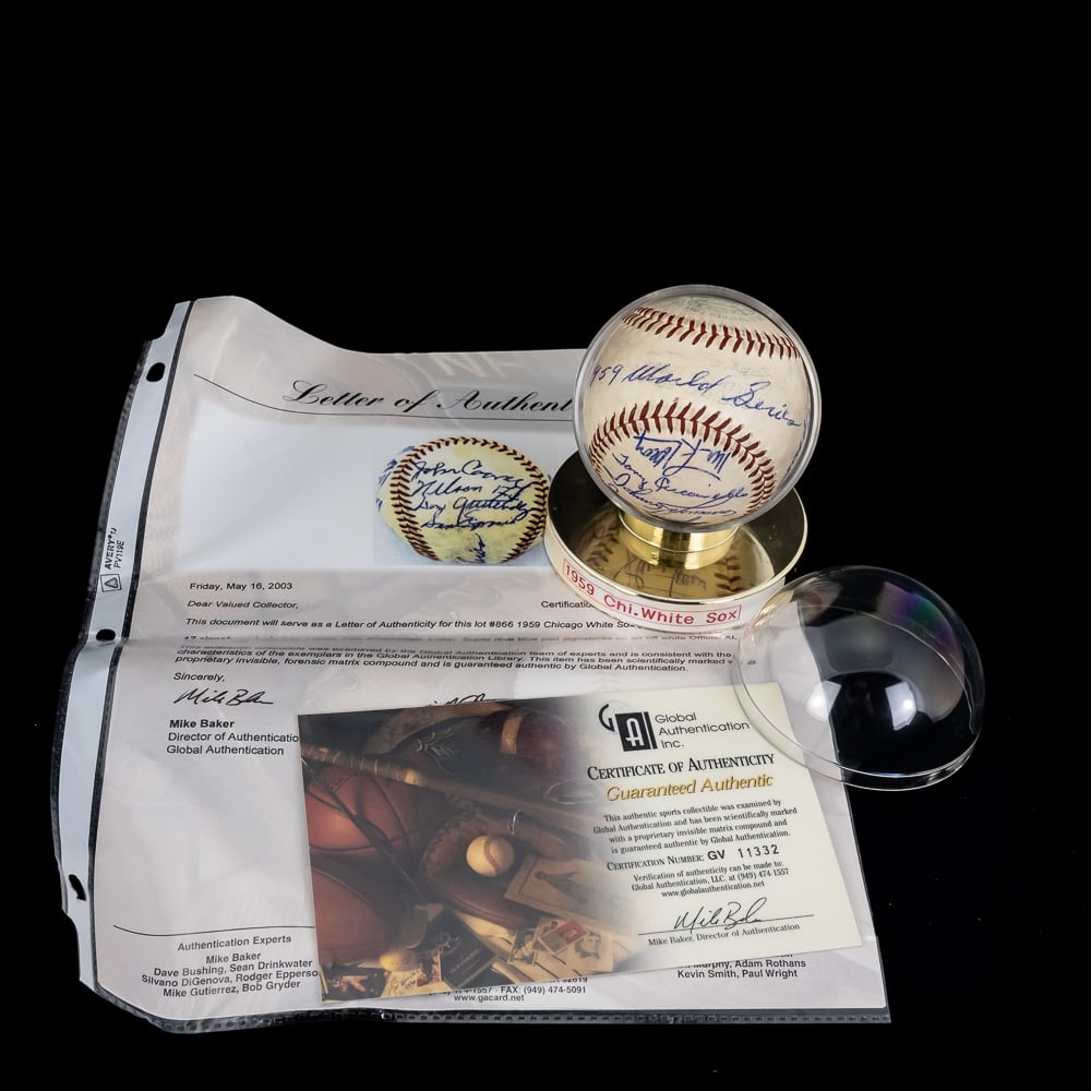 1959 Chicago White Sox Team Autographed Baseball: 1959 American League Chicago White Sox team autographed Official American League Harridge MLB Baseball perfectly paired with GA LOA & COA #GV11332. Showcasing (17) attractive Bold Blue ink signatures
