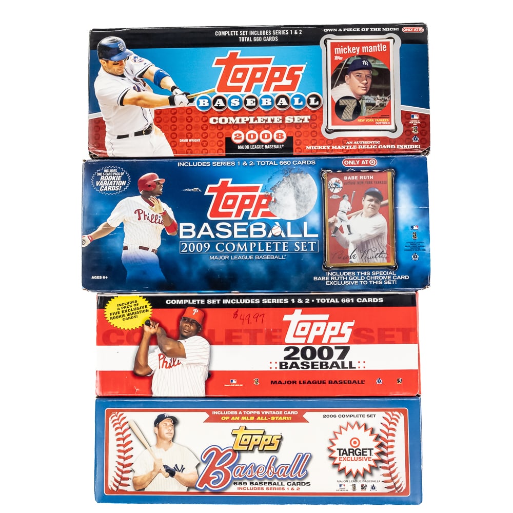 06 through 09 Topps MLB Baseball Card Complete Set: Collection featuring 2006 Topps Series 1 & 2 complete set, 2007 Topps complete 661 card set, 2008 Topps MLB complete set & 2009 Topps MLB complete sets. Each presented in original packaging. Appears