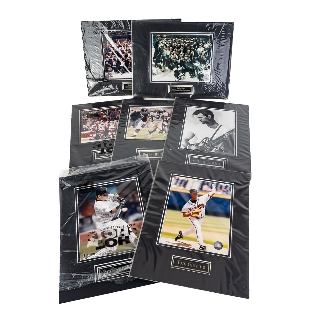 (7)Assorted Licensed Matted Photographic Prints: (7) Assorted officially licensed matted photographic prints featuring Paul LoDuca, Tom Glavin,, Chris Issaak ( musician), Rickey Williams, Tampa Bay Lightning Team & Detroit Red Wings. All showcase ho