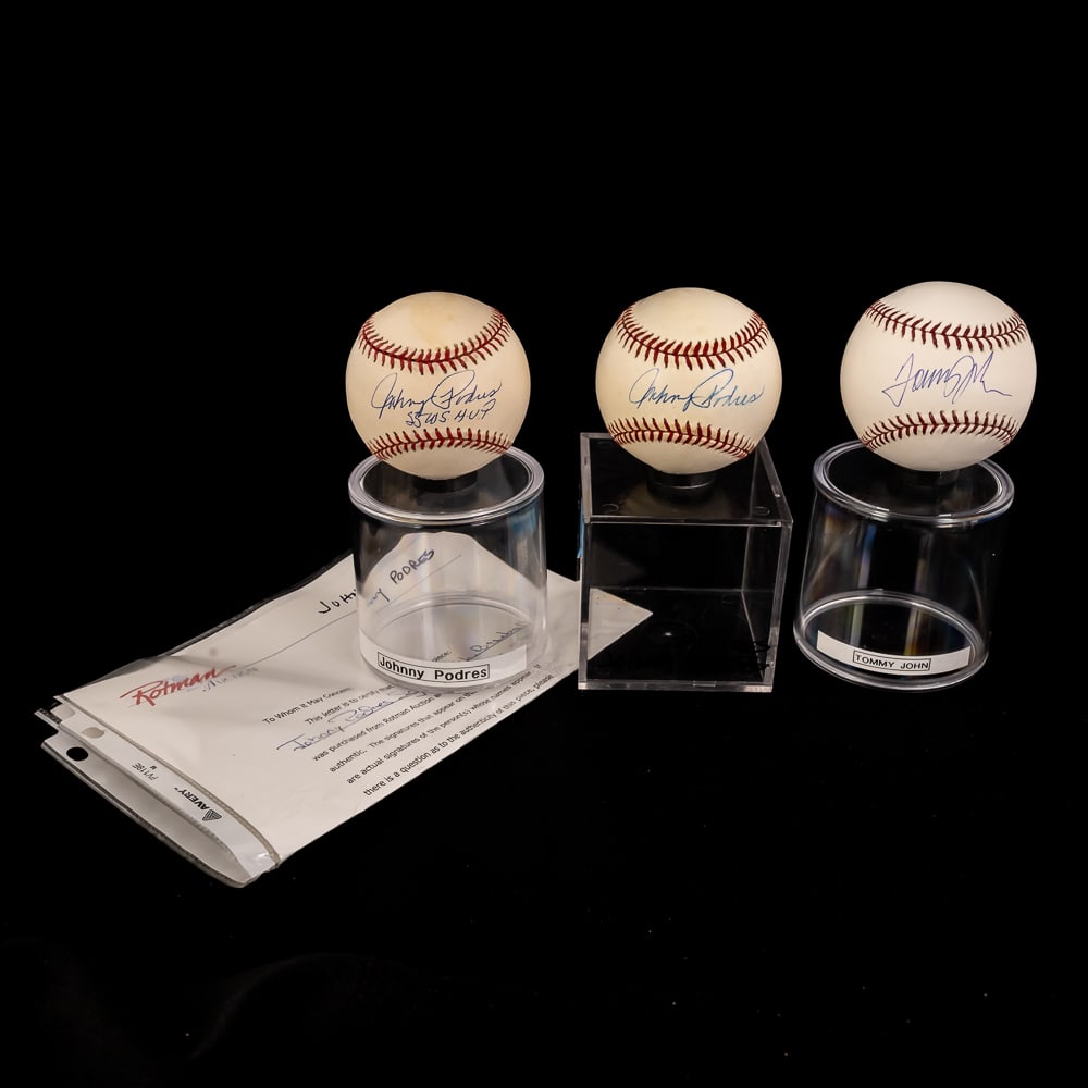 (2)Johnny Podres & Tommy John Autographed Baseball: PAIR of Dodger fan favorite Johnny Padres autographed Rawlings Official NL League Baseballs with (1) Rotman LOA along with an additional Tommy John autographed Rawlings Official MLB baseball. Each is