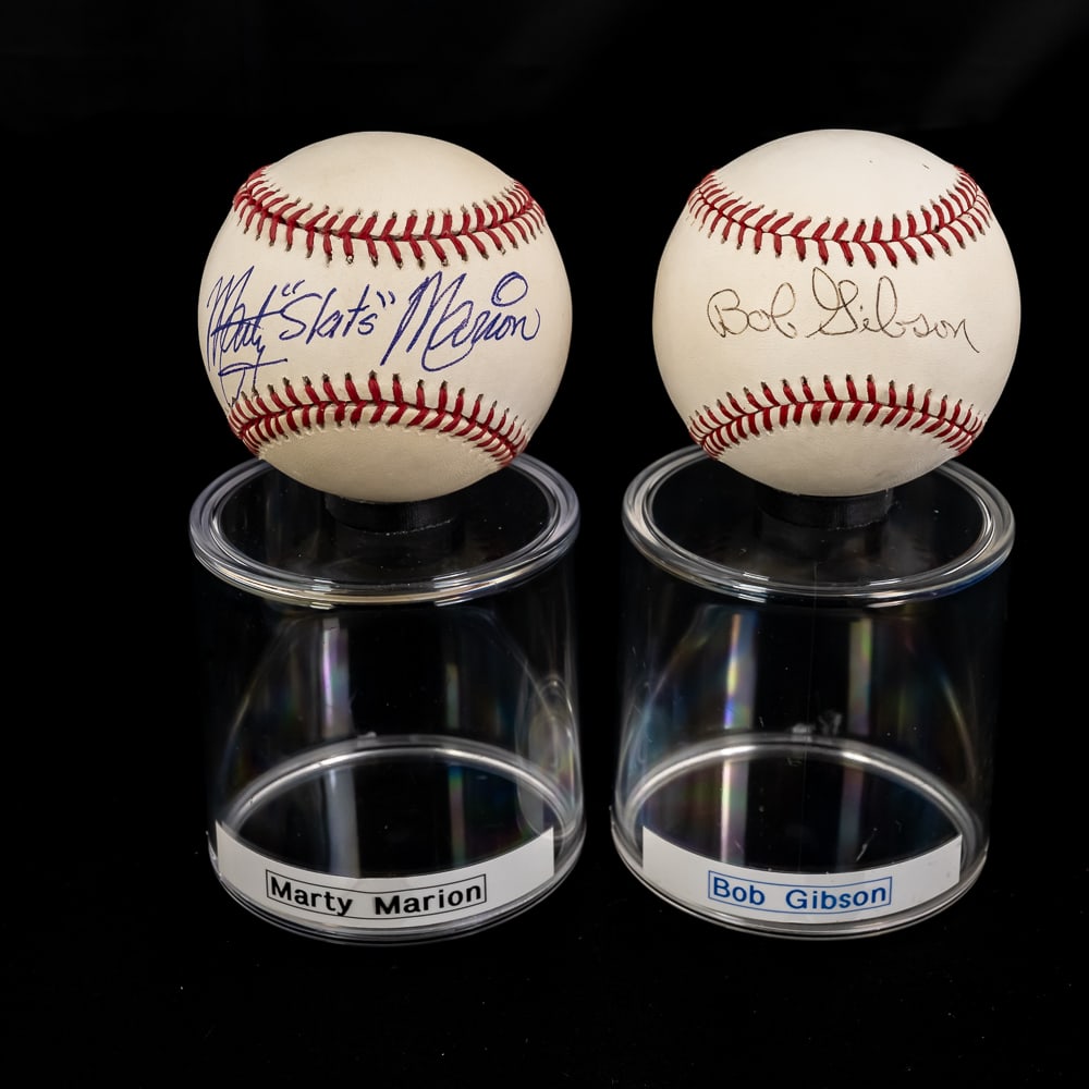 Bob Gibson & Marty "Slats" Marion Signed Baseballs: St. Louis fan favorites Bob Gibson autographed Official National League Baseball along with additional Cardinal great Marty "Slats" Marion autographed Rawlings Official National League Baseball .