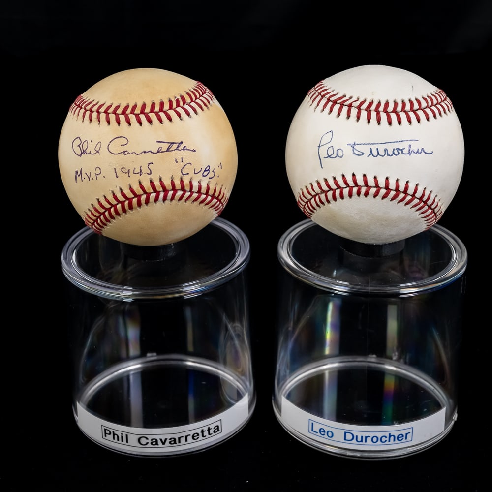 Phil Cavarretta & Leo Durocher Signed Baseballs: Chicago Cubs fan favorite & 1945 MVP Phil Cavarretta autographed Official National League Baseball along with additional Cubs great Leo Durocher autographed Rawlings Official National League