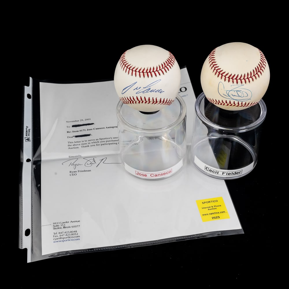 Jose Canseco & Cecil Fielder Autographed Baseballs: 1990s Home Run Hitting fan favorite Jose Canseco autographed Official American League Baseball with Upper Deck Hologram COA & Sportico LOA along with additional Detroit Tiger great Cecil Fielder autog