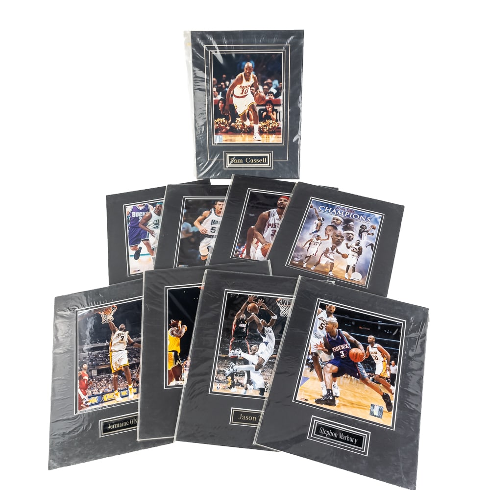 (9)Assorted NBA Licensed Matted Photographic Print: (9) Assorted NBA officially licensed matted photographic prints featuring Paul Pierce, Sam Cassell, Stephon Marbury, Jason Terry, James Worthy, Jermaine O'Neal, 04 Detroit Pistons, Rasheed Wallace & F