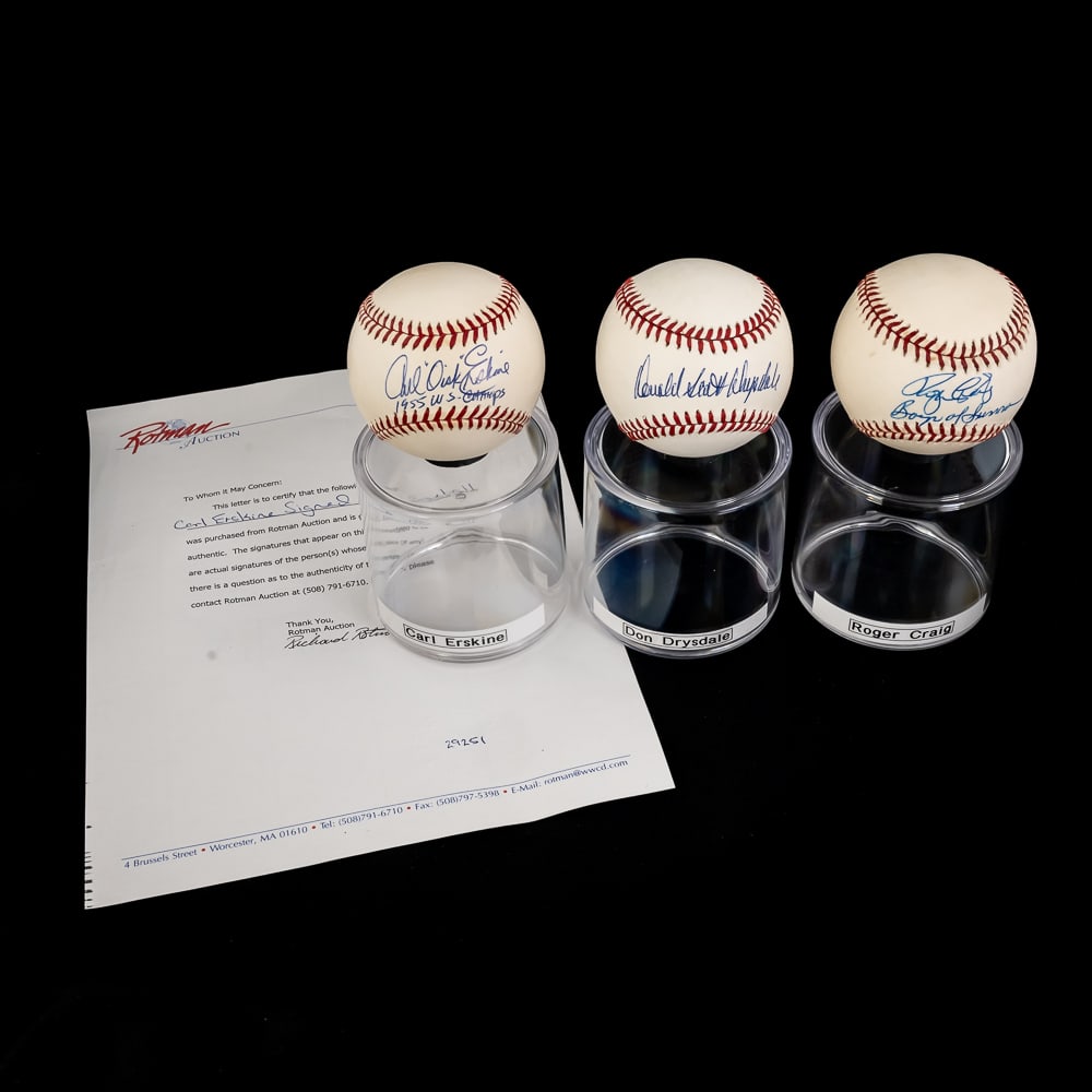 D. Drysdale R. Craig & C. Erskine Signed Baseballs: Dodgers fan favorite & 9 Time All Star Don Drysdale autographed Rawlings Official National League Baseball, 4 time World Series Champion Roger Craig (Boys of Summer inscription) autographed Official