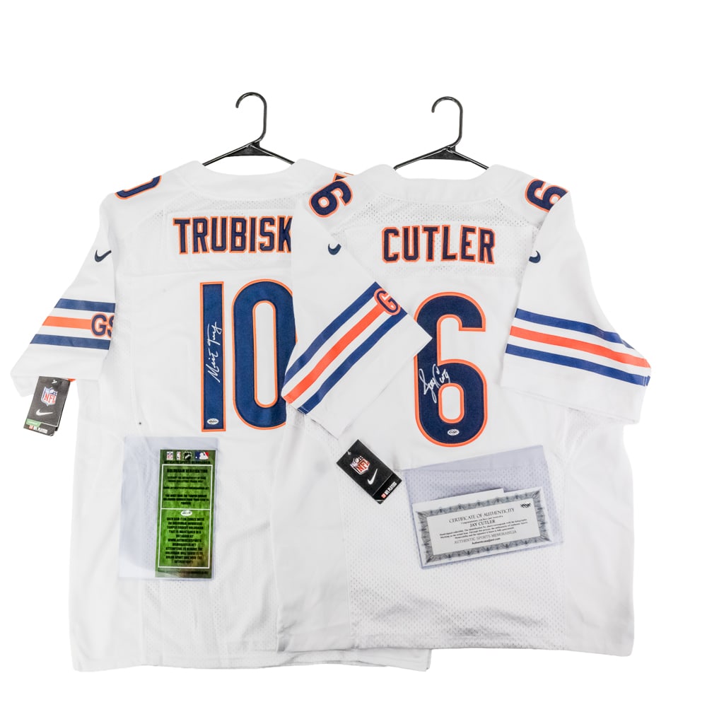 J. Cutler & M Trubisky Autographed Jerseys W COA: Jay Cutler & Mitchell Trubisky Autographed NWT Chicago Bears Nike White (Road/Away) Jerseys each including Authentic Sports COAs. Ready to be framed up!! Perfect addition to your collection, please us