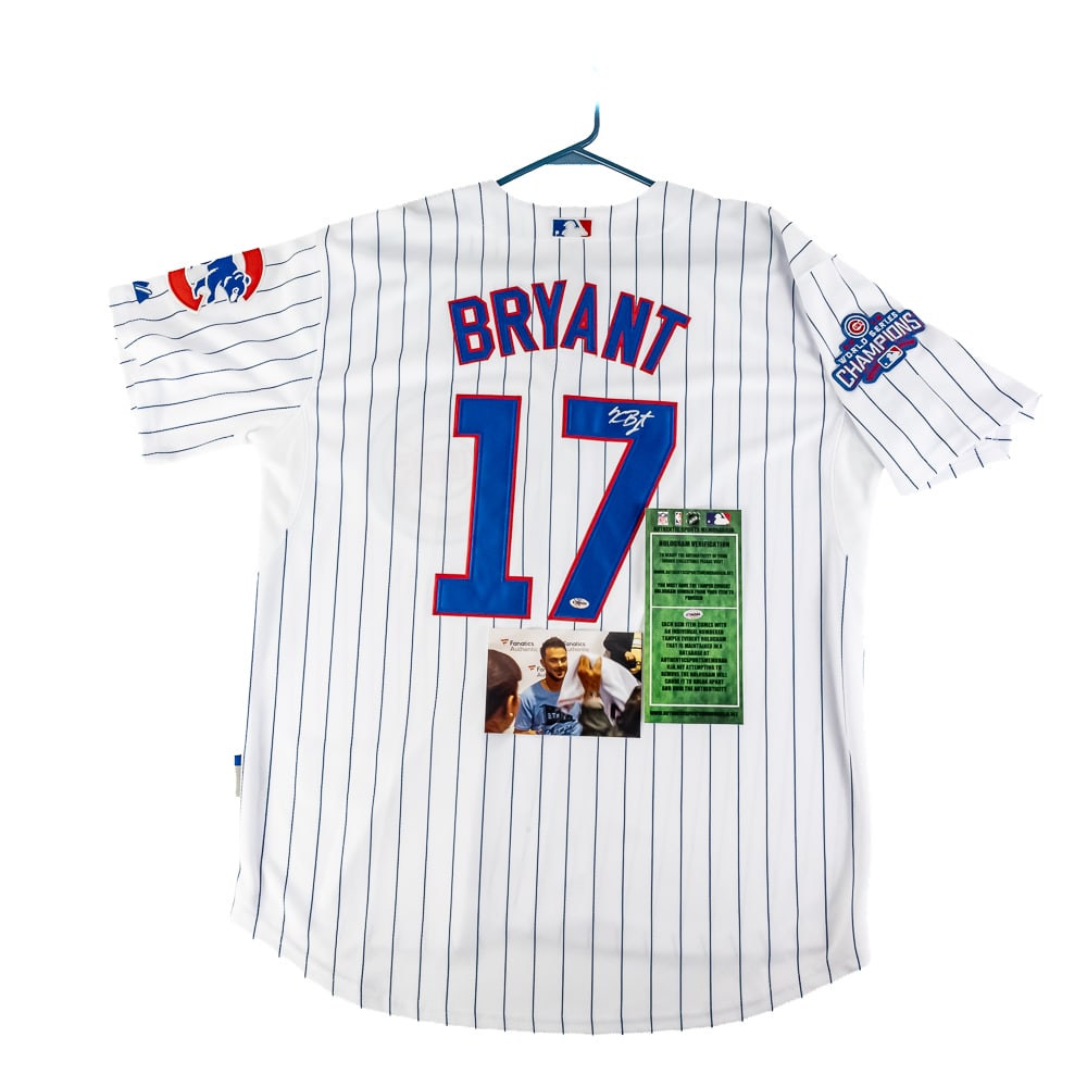 Kris Bryant Autographed 2016 Cubs WS Jersey w COA: Kris Bryant autographed white Majestic Chicago Cubs 2016 World Series Jersey featuring Authentic Sports Memorabilia Authentication COA. Bold centralized silver felt tipped signature. Ready to be frame