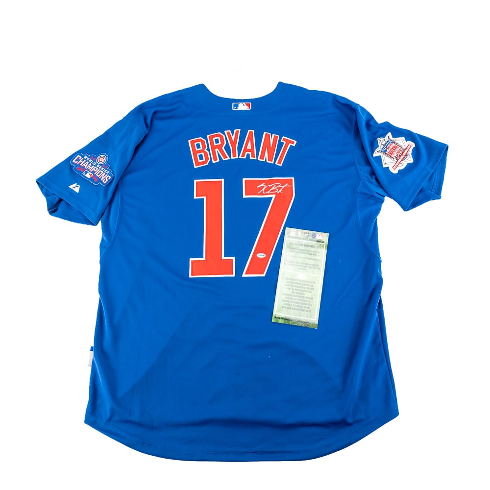 Kris Bryant Autographed 2016 Cubs WS Jersey w COA: Kris Bryant autographed white Majestic Chicago Cubs 2016 World Series Jersey featuring Authentic Sports Memorabilia Authentication COA. Bold centralized silver felt tipped signature. Ready to be frame