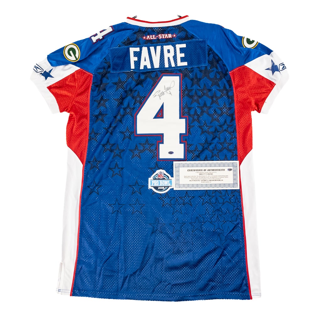 Brett Favre Autographed 08 NFL Pro Bowl Jersey COA: Brett Favre autographed 2008 Pro Bowl Reebok jersey featuring Authentic Sports Memorabilia Authentication COA. Bold centralized silver felt tipped signature. Ready to be framed up!! Perfect addition t