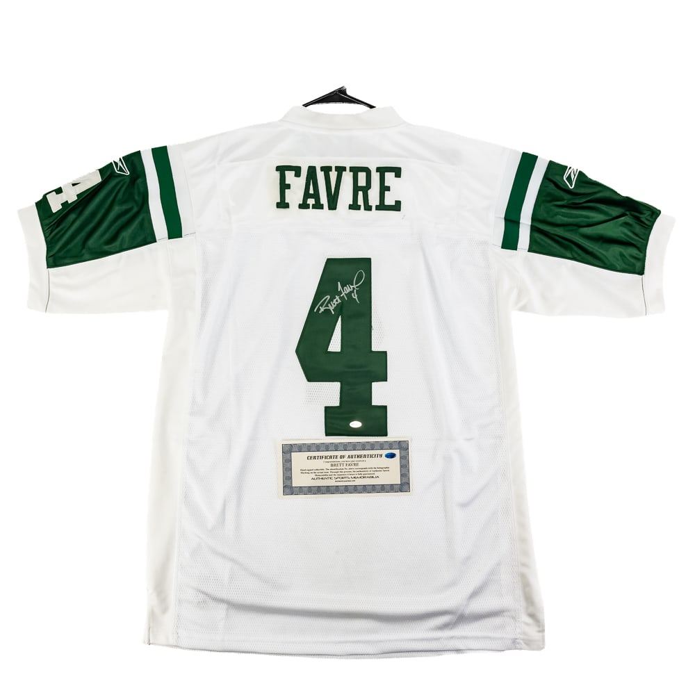 Brett Favre Autographed New York Jets Jersey W COA: Brett Favre autographed white New York Jets Reebok jersey featuring Authentic Sports Memorabilia Authentication COA. Bold centralized silver felt tipped signature. Ready to be framed up!! Perfect addi