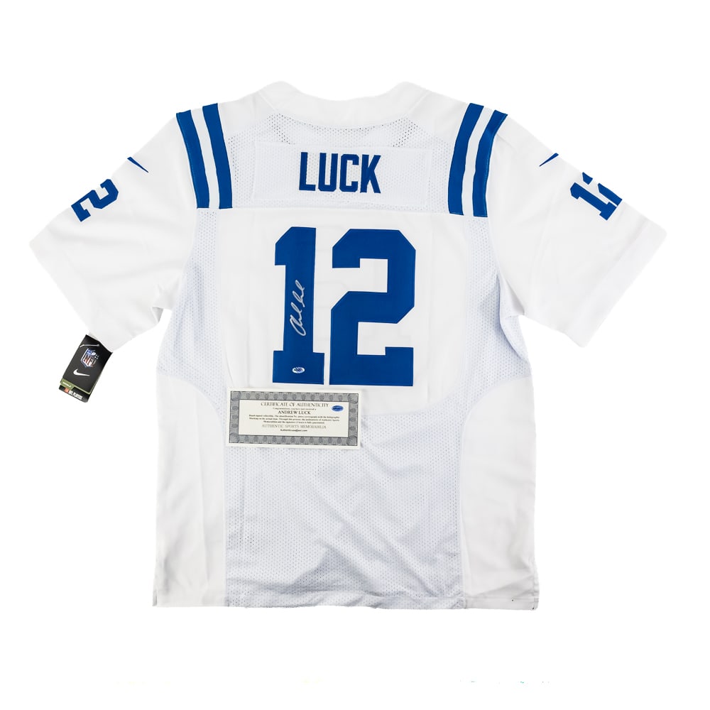 Andrew Luck Autographed IND. Colts Jersey w COA: Andrew Luck autographed Indianapolis Colts white NIKE jersey featuring Authentic Sports Memorabilia Authentication COA. Centralized silver felt tipped signature. Ready to be framed up!! Perfect additi
