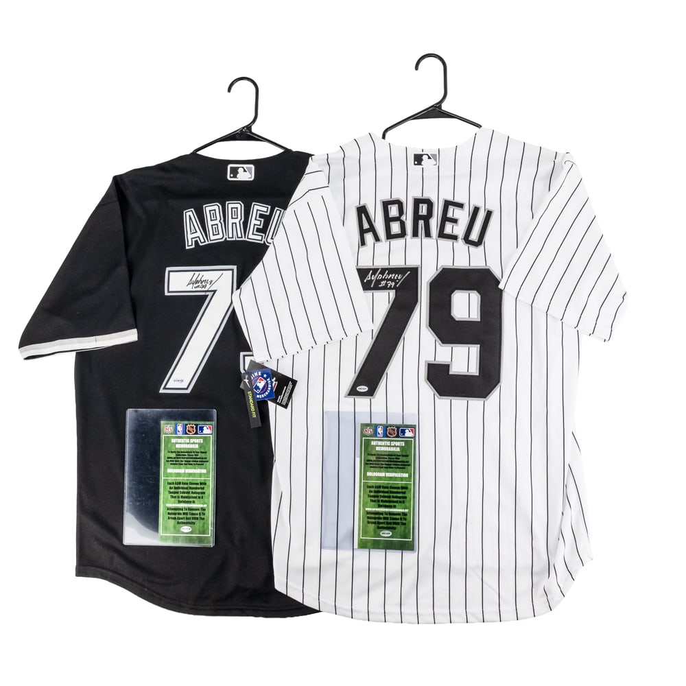 Jose Abreu Autographed White Sox Jersey w COA: Jose Abreu #79 autographed Chicago White Sox black & pinstripe NIKE jersey featuring Authentic Sports Memorabilia Authentication COA. Bold centralized felt tipped signatures. Ready to be framed up!! P