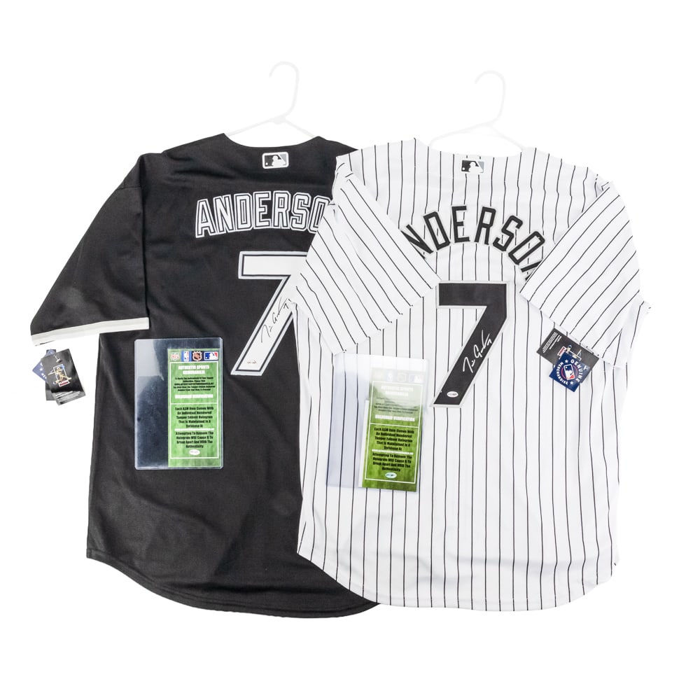 Tim Anderson Autographed White Sox Jersey w COA: Tim Anderson autographed Chicago White Sox black & pinstripe NIKE jersey featuring Authentic Sports Memorabilia Authentication COA. Bold centralized felt tipped signatures. Ready to be framed up!! Per