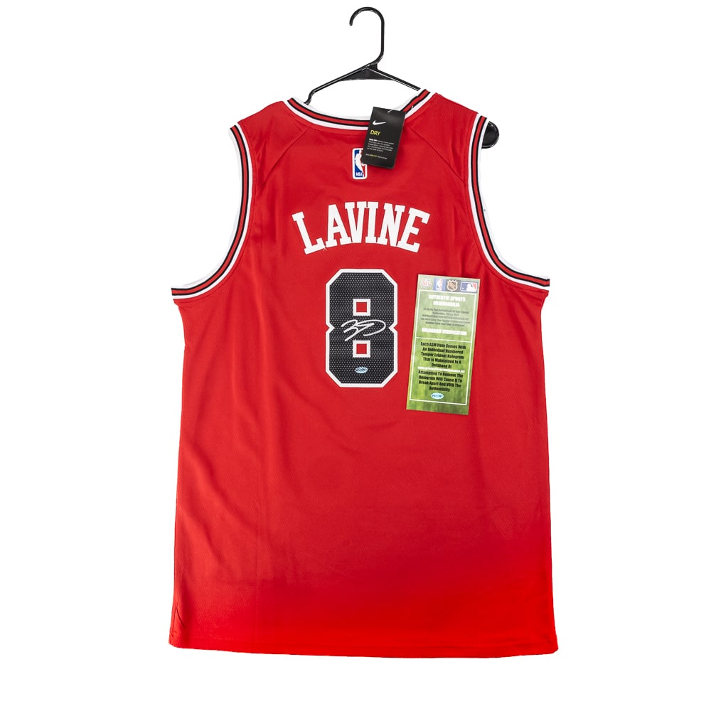 Zach LaVine Autographed Bulls Nike Jersey w COA: Zach LaVine autographed NWT Chicago Bulls Nike Swingman Jersey featuring Authentic Sports Memorabilia Authentication COA featuring Motorola patch. Bold silver felt tipped signature. Ready to be framed