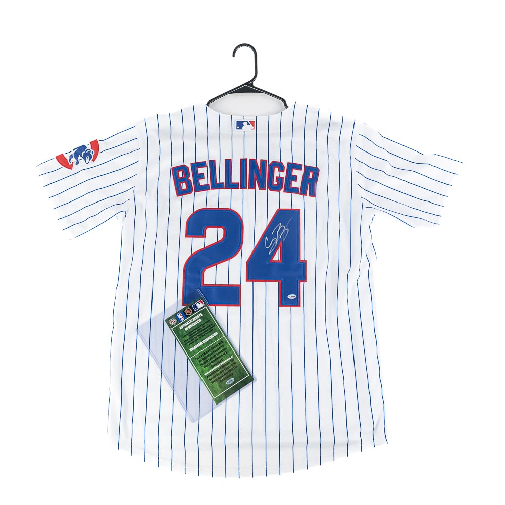 Cody Bellinger Autographed Cubs NIKE Jersey w COA: Cody Bellinger autographed Chicago Cubs Nike white pinstripe jersey featuring Authentic Sports Memorabilia Authentication COA. Bold centralized silver felt tipped signature. Ready to be framed up!! Pe