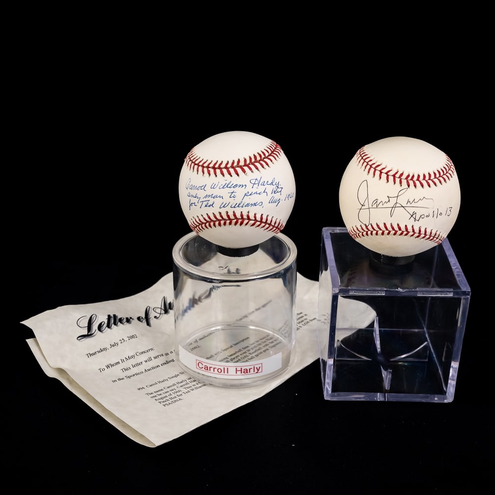 Carroll Harly & James Lovell Signed Baseballs READ: Carrol William Harley autographed Rawlings Official American League Baseball with PSA LOA; Signature grade of 9. Harley is the ONLY MLB Baseball Player who EVER Pich Hit for the The Splendid Splinter 